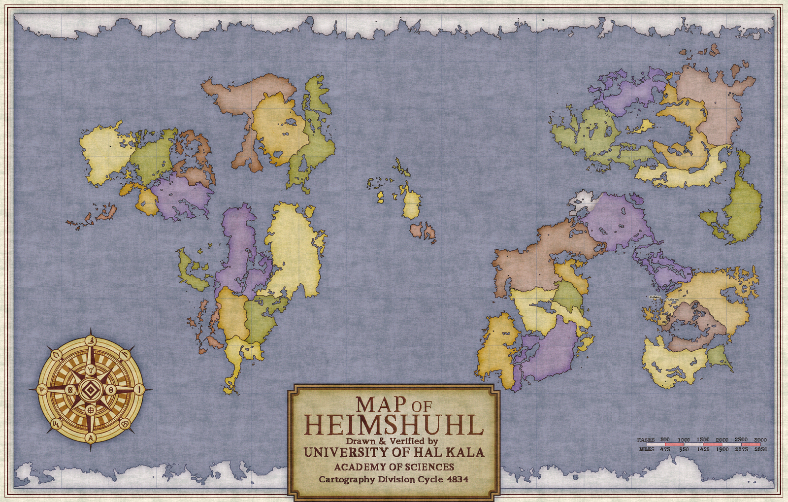 Fantasy map of Heimshuhl, a large fictional world rendered in muted earth tones, featuring labeled regions such as Nordsted, Sehdgard, Skagenfar, Myrkan, Vaelheim, Oury, Norrund, Vorlya, and Koldsted. Each region is outlined with unique borders and labeled with decorative text. The map includes a compass rose in the bottom corner, and multiple interactive overlays suggesting geographic features or points of interest. The northern and southern areas appear icy and inhospitable, while the center is more varied in terrain.
