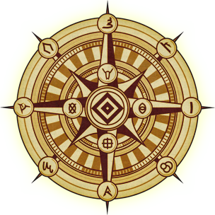 Fantasy compass rose with eight main directional points, each marked with a unique elemental rune. Between these points are four inner symbols representing body, mind, will, and spirit. At the center lies a diamond-shaped rune symbolizing 'essence.' The compass design features concentric circles, ornamental lines, and a vintage aesthetic.