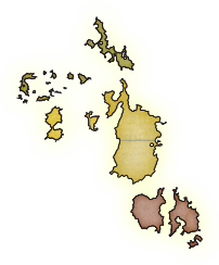 Map of the Rötskía Islands, a scattered archipelago divided into three colored regions representing fictional nations: Serakai in green, Idis in yellow, and Valdira in red. The islands vary in shape and size, surrounded by pale water on a muted yellow background. The layout suggests a hidden or legendary location, hinting at the rumored lost city of Kryslathos.